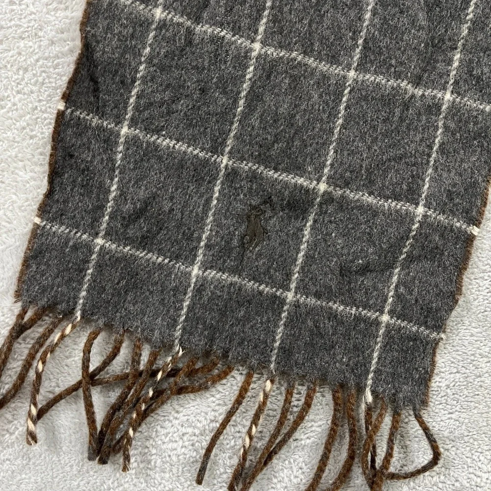 Polo Ralph‎ Lauren Scarf Wool Plaid Italy Brown Gray Plaid Fringes Old Money